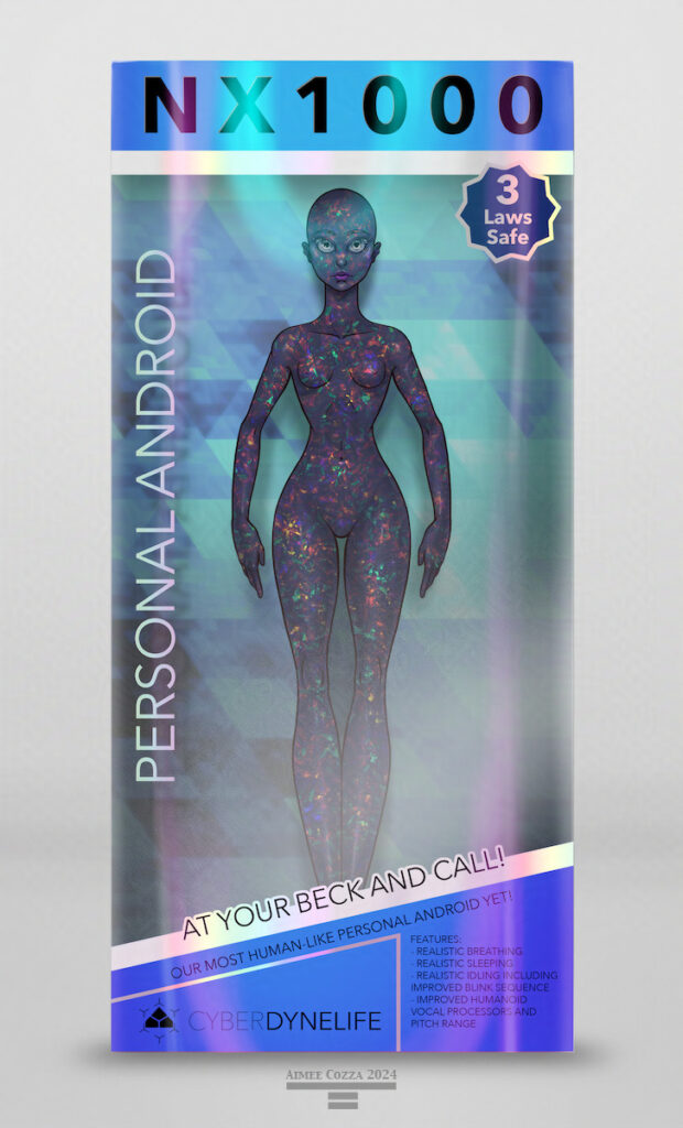 An opal flecked sex robot in a large plastic Barbie-esque box.