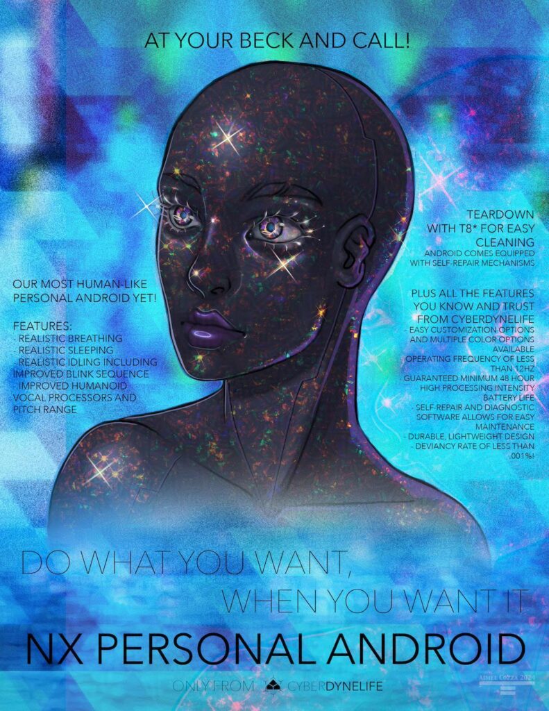 A 3/4 profile image of an opal-flecked black skinned robot with purple lips that says NX Personal Android.